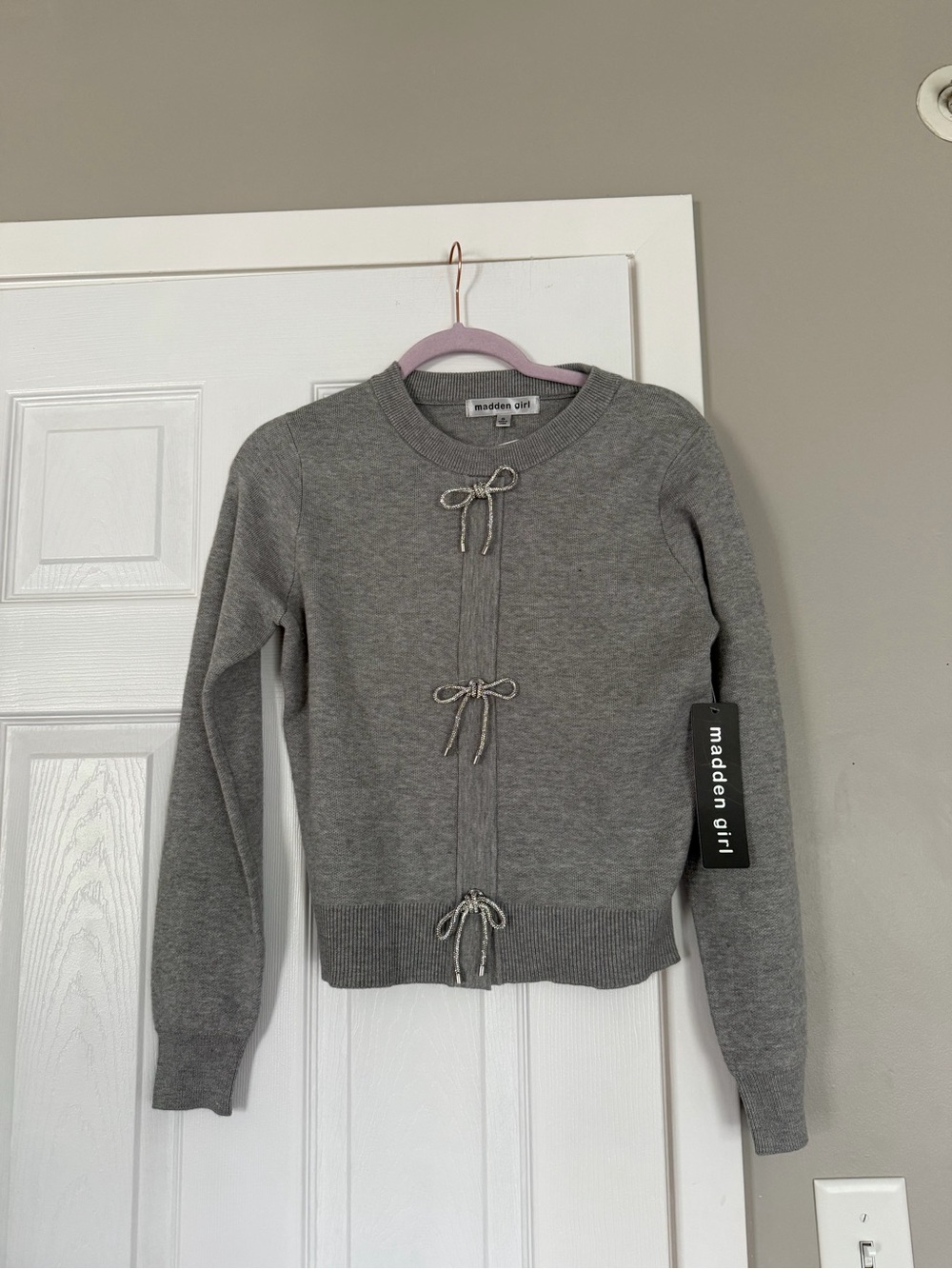 Madden Girl Rhinestone 3D Bow Grey Sweater Cardigan Button Cozy NWT